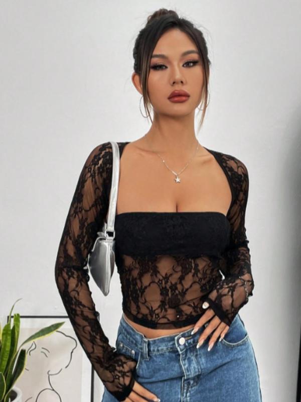 Women's Floral Lace Cut Out Back Sheer Crop Top, Sexy Long Sleeve Square Neck Top for Spring & Fall, Cropped Tees, T Shirts for Women, Women's Clothing for Daily Wear, Black Girl Outfits