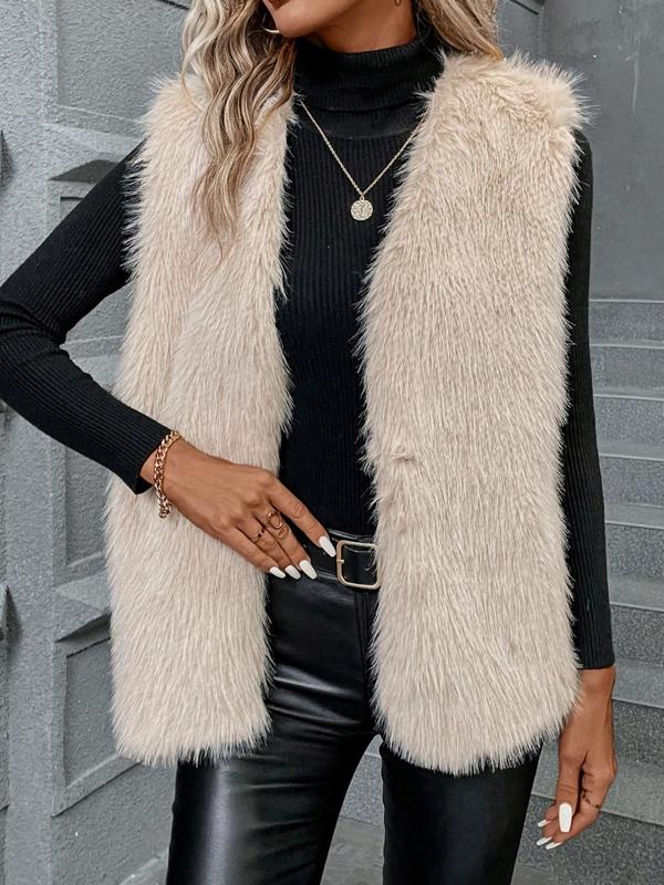 Women's Solid Color Faux Fur Vest Jacket, Elegant Fashion Sleeveless Open Front Outerwear for Daily Outdoor Wear, Women Clothing for Fall & Winter