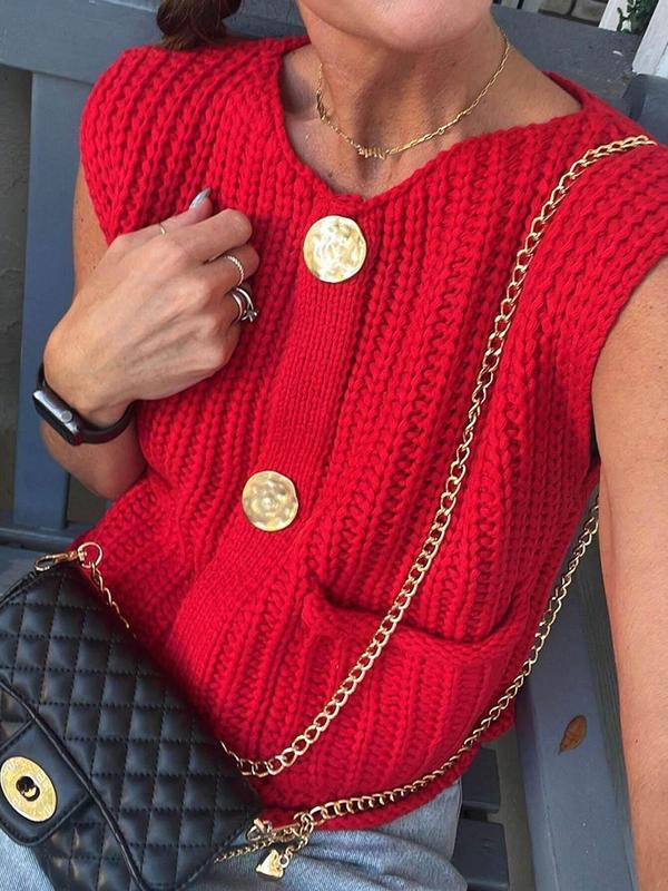 Women's Plain Button Front Pocket Sweater Vest, Casual Sleeveless Round Neck Knitwear for Fall & Winter, Fashion Ladies' Knit Clothing for Daily Wear