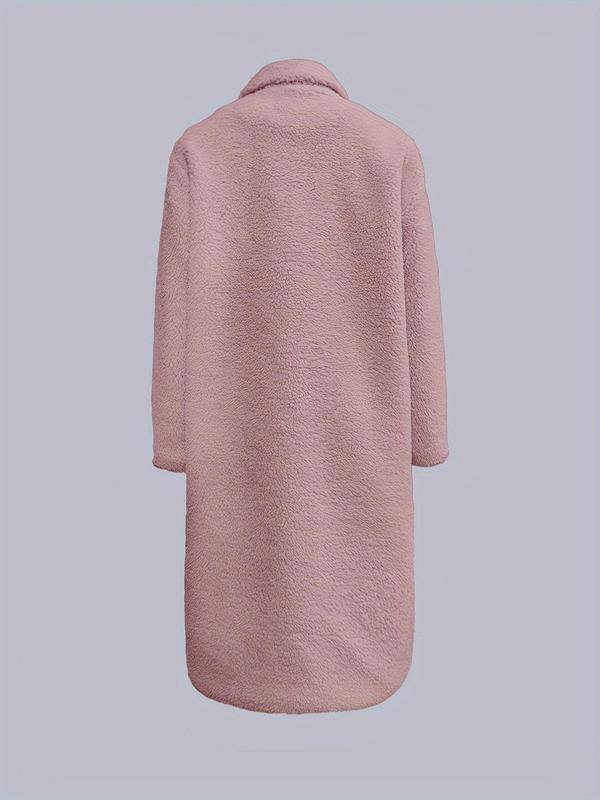 Women's Solid Color Button Front Lapel Neck Plush Coat, Elegant Pocket Long Sleeve Fuzzy Outerwear for Fall & Winter, Women's Clothing for Daily Wear