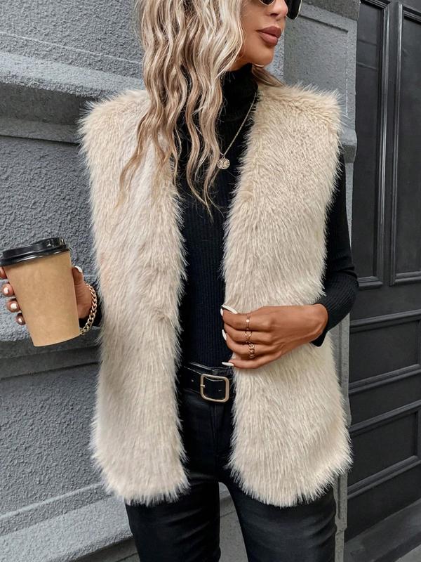 Women's Solid Color Faux Fur Vest Jacket, Elegant Fashion Sleeveless Open Front Outerwear for Daily Outdoor Wear, Women Clothing for Fall & Winter