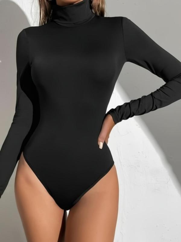 Women's Solid Long Sleeve High Neck Bodysuit, Casual Comfy Tight-fitting Bodysuit for Fall & Winter, Women's Clothes for Daily Wear