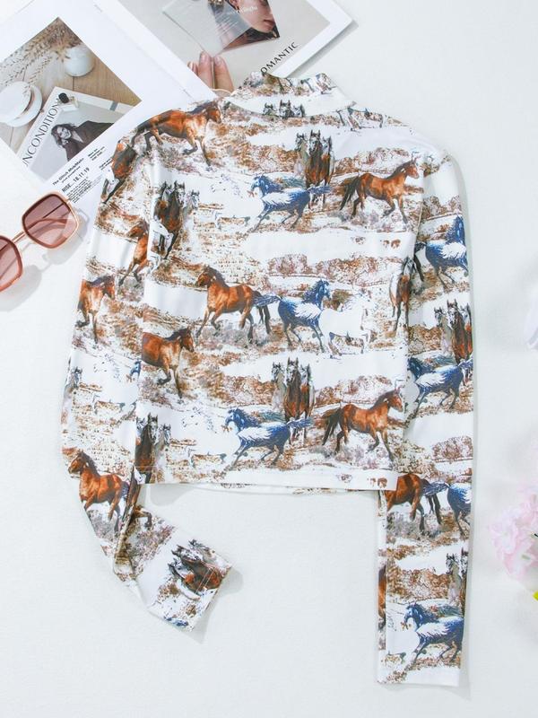 Women's Horse Print Cut Out Mock Neck Tee, Casual Long Sleeve Crop T-Shirt for Spring & Fall, Women's Top for Daily Wear Longsleeves