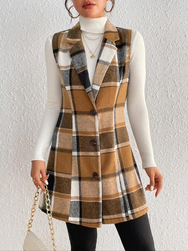 Women's Plaid Print Button Front Lapel Vest Blazer without Sweater, Casual Sleeveless Outerwear for Spring & Fall, Ladies Clothes for Daily Wear
