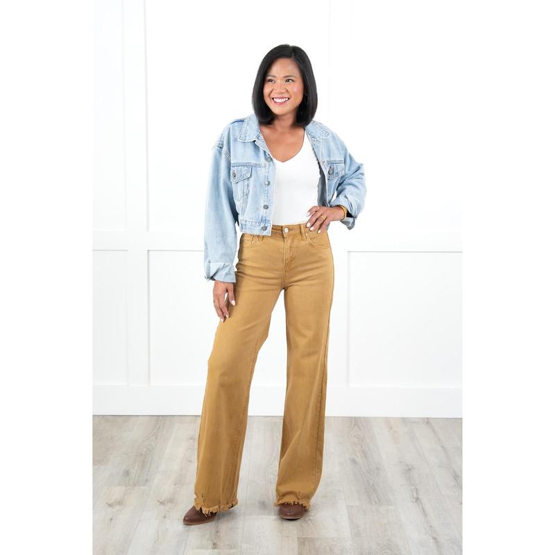 Risen High Rise Khaki Distressed Hem Wide Leg Jeans