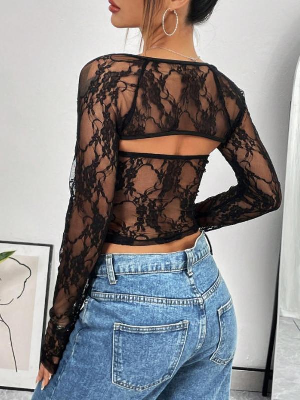 Women's Floral Lace Cut Out Back Sheer Crop Top, Sexy Long Sleeve Square Neck Top for Spring & Fall, Cropped Tees, T Shirts for Women, Women's Clothing for Daily Wear, Black Girl Outfits