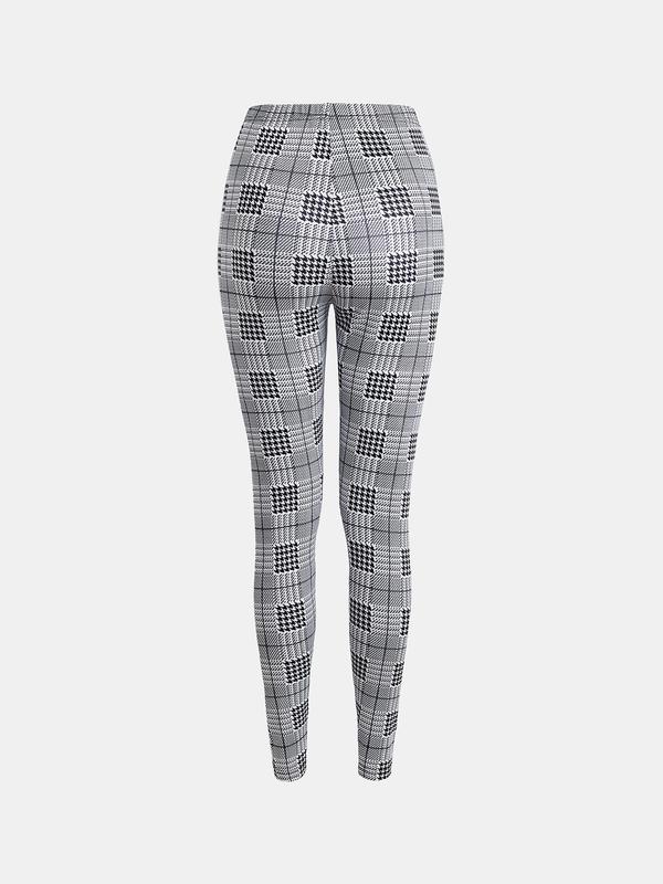 YOZY Women's Houndstooth & Plaid Print Elastic Waist Leggings, Casual Comfy Skinny Pants for Daily Wear, Ladies Bottoms for All Seasons