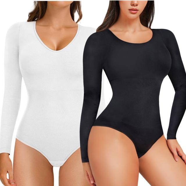 [Live Exclusive]Nebility 2 piece Long Sleeves Round V Neck Bodycon Black Basic Tops for Women