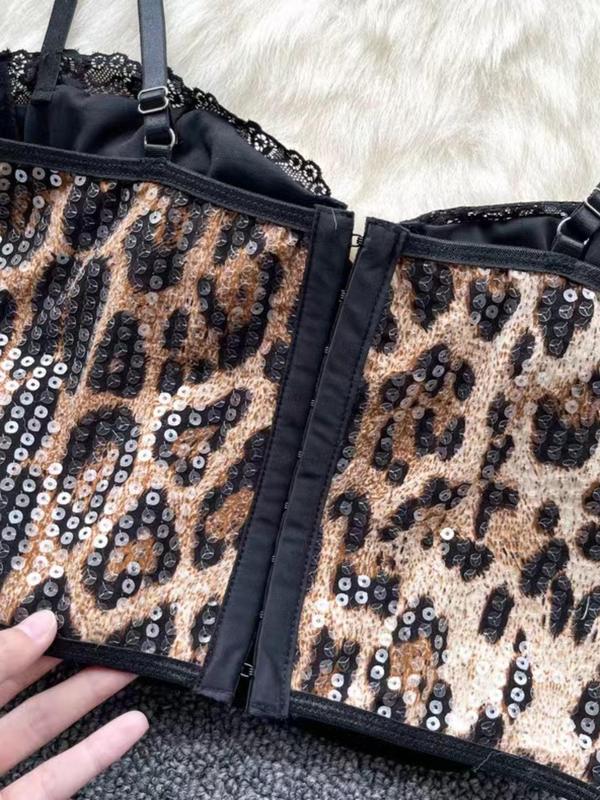 Women's Leopard Print Glitter Sequin Crop Cami Top, Sexy Fashion Adjustable Strap Contrast Lace Camisole for Party Club, Ladies Clothes for All Seasons