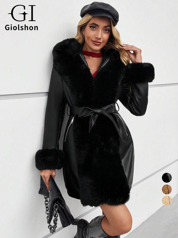 Women's Contrast Faux Fur Belted PU Leather Coat, Elegant Zipper Design Long Sleeve Outerwear for Fall & Winter, Ladies Clothes for Daily Wear
