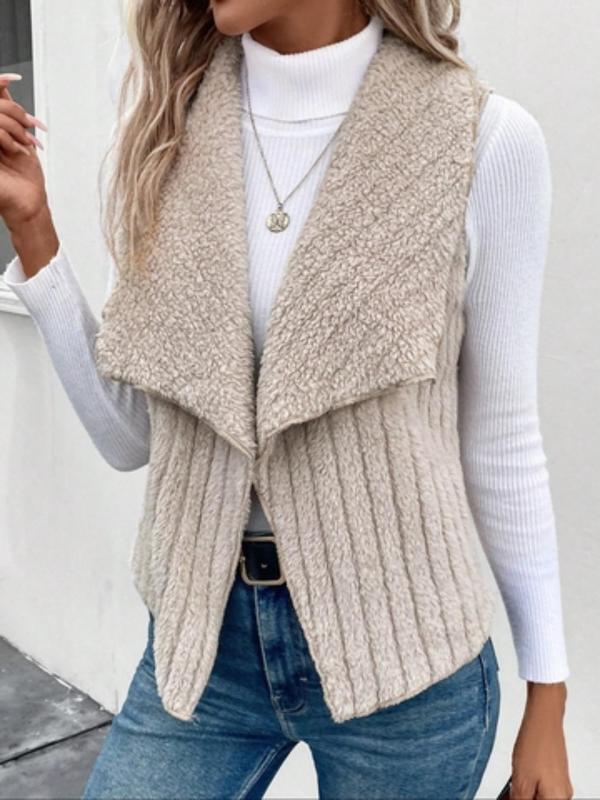 Women's Solid Color Waterfall Collar Open Front Vest Coat, Casual Sleeveless Plush Outerwear for Daily Wear, Ladies Clothes for All Seasons