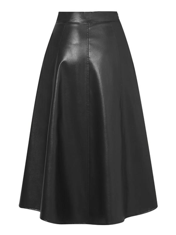 Women's Solid  Pu Leather Skirt, Fashion Casual A Line Midi Skirt for Daily Outdoor Wear, Women's Bottoms for Fall & Winter