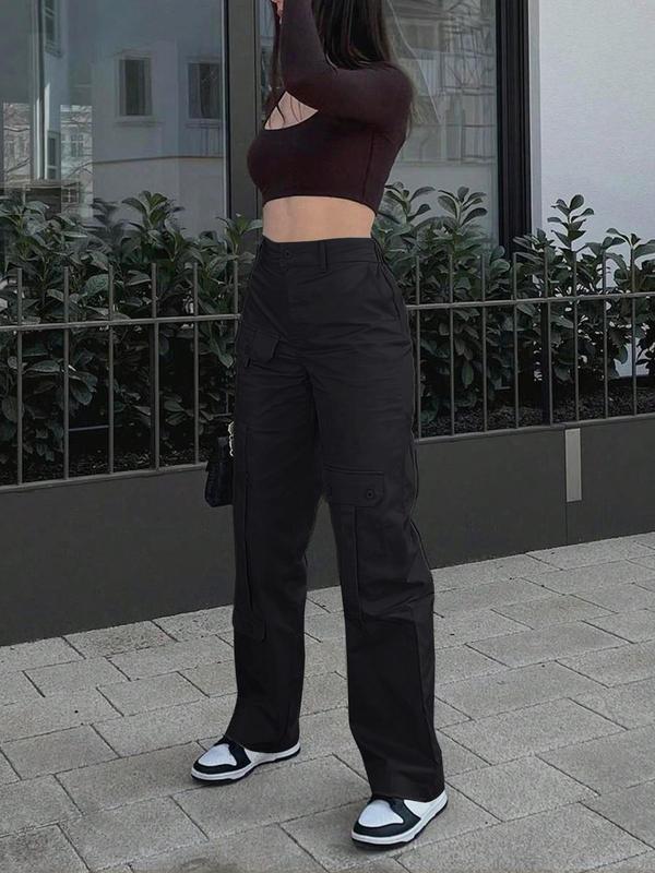 Women's Plain High Waist Flap Pocket Cargo Pants, Street Straight Leg Trousers, Pants for Women, Ladies Summer Bottoms for Daily Wear