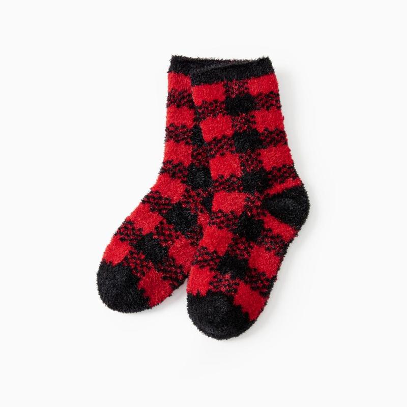 PatPat Christmas Socks Furry Red&Black Plaid Matching for the Whole Family
