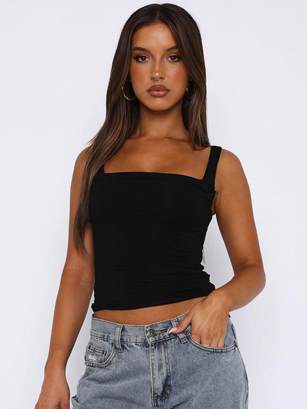 Women's Plain Ruched Backless Crop Tank Top, Street Fashion Casual Sleeveless Square Neck Top for Daily Outdoor Wear, Ladies Clothes for Summer