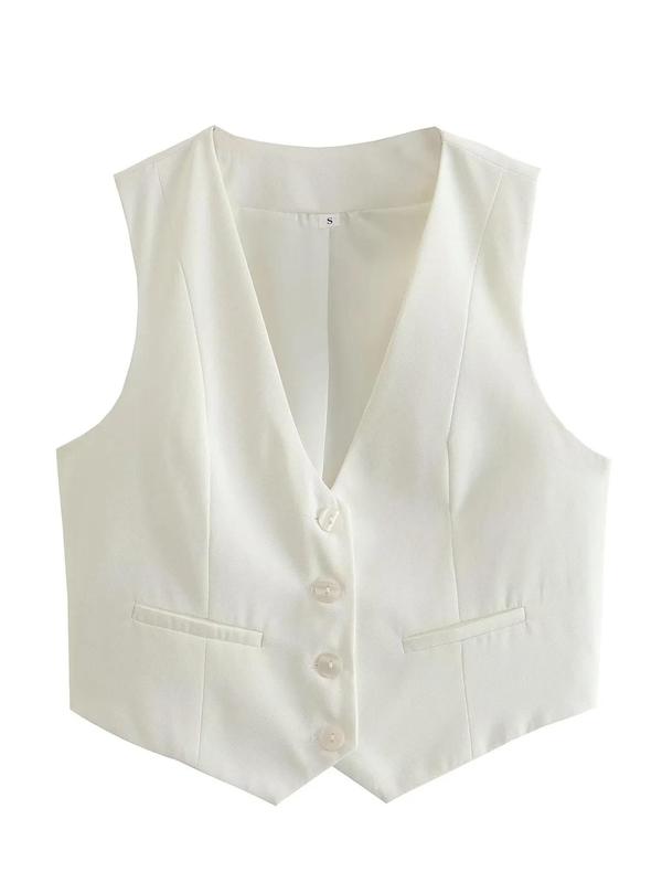 Women's Solid Button Front Pocket V Neck Crop Waistcoat, Lady Minimalist Comfort Short Vest Jacket for Summer Spring Fall, Womenswear Tops, Vest Blazer Women, Elegance Tops
