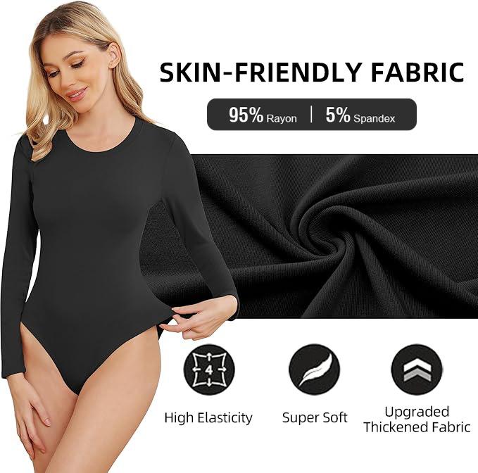 OLENNZ 5 packs Womens Long Sleeve Bodysuit Round Neck Bodysuit Shirts for Women Crew Neck Body Suits Tops Fall Body Suit Pack Basic Comfort Fabric Womenswear Crewneck Longsleeves