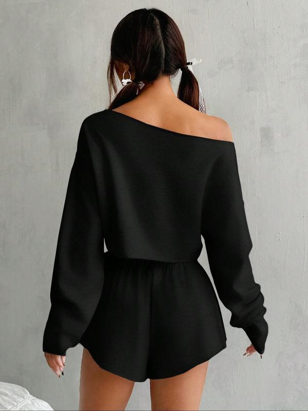 Two-Piece Set Women's Plain Drop Shoulder V Neck Crop Top & Elastic Waist Shorts, Casual Fashion Cozy Breathable Two Piece Outfits for Daily Wear, Ladies Clothes for All Seasons
