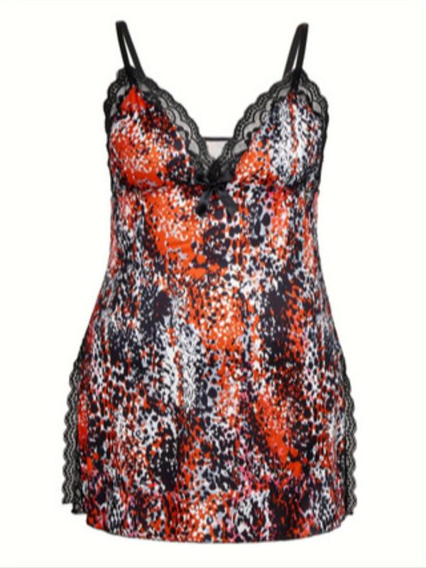  All Over Print Contrast Lace Bow Decor Cami Nightdress, Soft Comfortable Spaghetti Strap Split Hem Nightgown for Women, Women's Plus Sleepwear for All Seasons