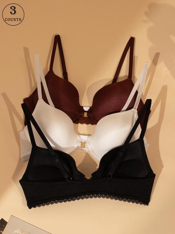 Women's Solid Color Contrast Lace Push Up Bra, Casual Comfortable Breathable Adjustable Strap Underwire Bra, Lingerie for All Seasons