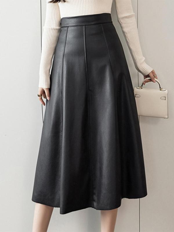Women's Solid  Pu Leather Skirt, Fashion Casual A Line Midi Skirt for Daily Outdoor Wear, Women's Bottoms for Fall & Winter