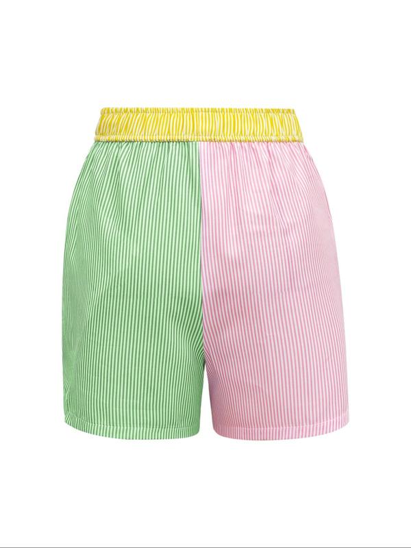 Women's Patchwork & Striped Print Elastic Waist Shorts, Casual Letter Patched Shorts, Shorts for Women, Comfy Shorts, Women's Bottoms for Daily Wear, Going Out Bottoms
