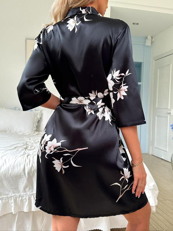 Women's Floral Print Belted Satin Lounge Robe, Casual 3 4 Sleeve V Neck Dressing Gown, Ladies Sleepwear for All Seasons