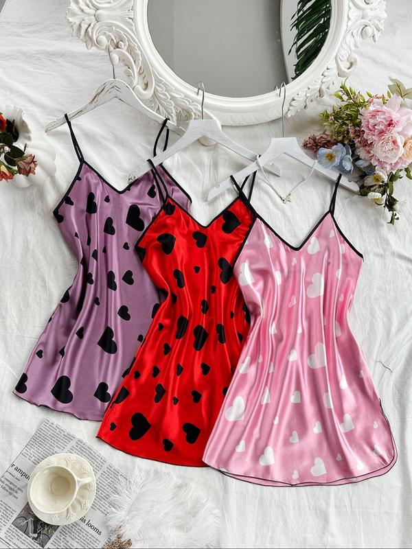 Women's Heart Print Contrast Binding Cami Nightdress, Casual Soft Comfortable Adjustable Spaghetti Strap Nightgown, Dresses for Women, Ladies Sleepwear for All Seasons