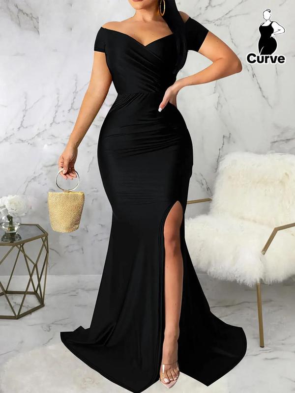 Plus Size Off Shoulder Split Thigh Wrap Bodycon Dress, Elegant Solid Short Sleeve Party Evening Gown, Women's Clothes for All Seasons
