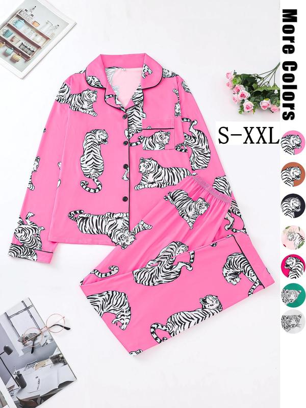 Women's All Over Tiger Print Lapel Pocket Blouse & Elastic Waist Pants Pyjama Two-Piece Set, Casual Comfy Long Sleeve Button Front Top & Trousers PJ Set, Ladies Sleepwear for Spring & Fall