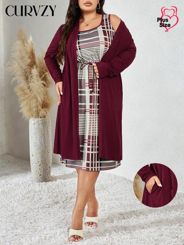  CURVZY Two-piece Set Plaid Print Drawstring Waist Tank Dress & Pocket Open Front Outwear, Casual Fashion Cozy Outfits for Daily Outdoor Wear, Women Clothing for Fall, Thanksgiving Outfit, Tiktok Shop Black Friday, Black Friday Haul