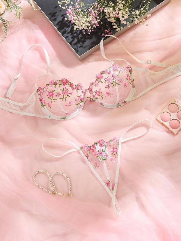 Women's Floral Embroidery Mesh Sexy Lingerie Set, Adjustable Strap Bra & Sheer Thong Set for All Seasons, Fashion Comfy Women's Sexy Lingerie Set for Daily Wear