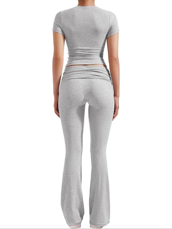 Women's Solid Round Neck Tee & Flare Leg Pants Loungewear Two-piece Set, Casual Comfy Short Sleeve T-shirt & Bell Bottom Trousers PJ Set, Ladies Sleepwear for Spring & Fall