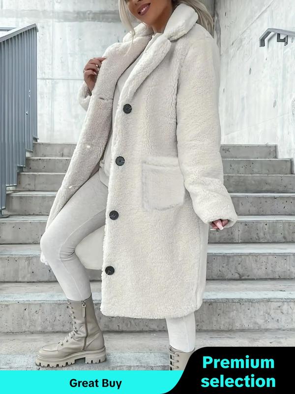 Women's Solid Color Button Front Lapel Neck Plush Coat, Elegant Pocket Long Sleeve Fuzzy Outerwear for Fall & Winter, Women's Clothing for Daily Wear