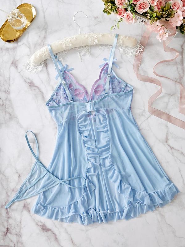 Women's Contrast Lace Bow Decor Sexy Lingerie Two-piece Set, Adjustable Strap Ruffle Hem Cami Nightdress & Thong Set, Women's Lingerie & Underwear for All Seasons