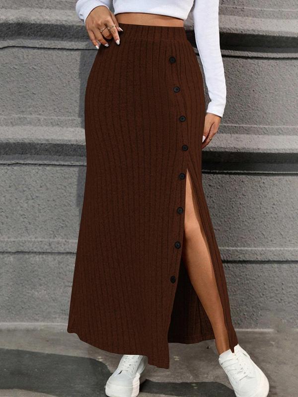 Women's Plain Split Thigh Button Decor Ribbed Bodycon Skirt, Casual High Waist Long Skirt for Daily Wear, Ladies Bottoms for All Seasons