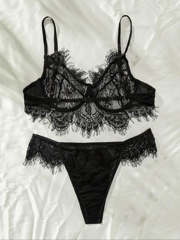  Contrast Lace Bra & High Cut Panty, Soft Comfortable Breathable Lingerie Set for Daily Wear, Women's Underwear Set for All Seasons