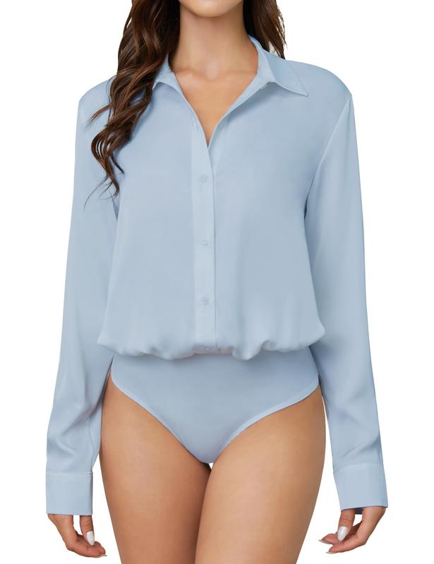 Women Button Down Bodysuit Long Sleeve Collared Shirt Satin Blouse Bodysuits Tops Business Casual Office Professional