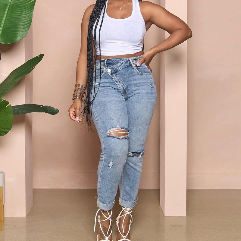 MNLYBABY 2024 New Broken Hole Washed Jeans Women's Slim Small Feet Design Models Pants Fashionnova Jeans 7sjeans Align Tank