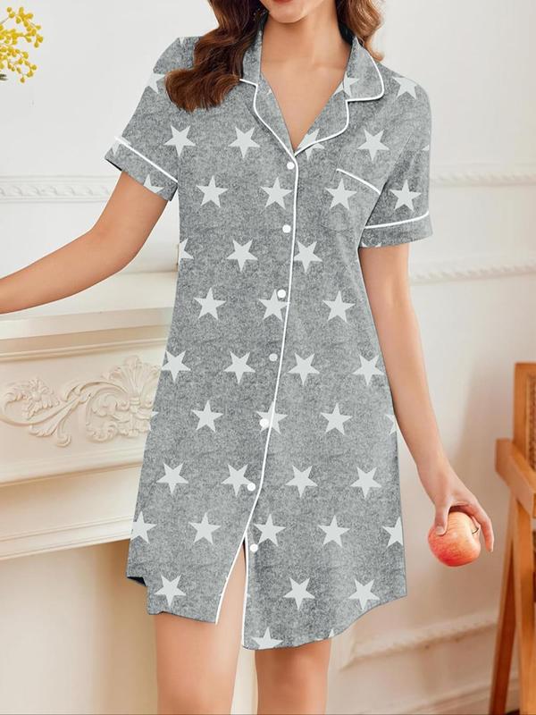 Women's Contrast Binding Button Front Pocket Pajama Dress, Casual Short Sleeve Lapel Nightdress for All Seasons, Ladies Sleepwear for Indoor Wear