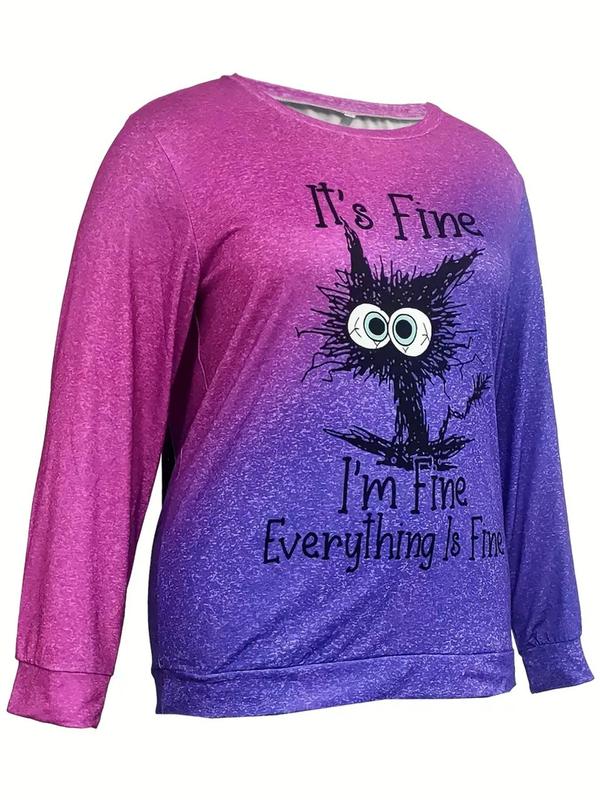  Cartoon Cat & Letter Print Round Neck Tee, Fashion Casual Ombre Crew Neck Long Sleeve T-Shirt for Daily Outdoor Wear, Women Plus Clothing for Spring & Fall