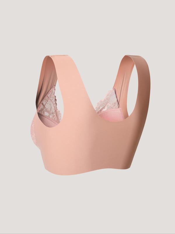 Women's Solid Color Contrast Lace Wireless Bra, Soft Comfy Breathable Push Up Bra, Lingerie for All Seasons