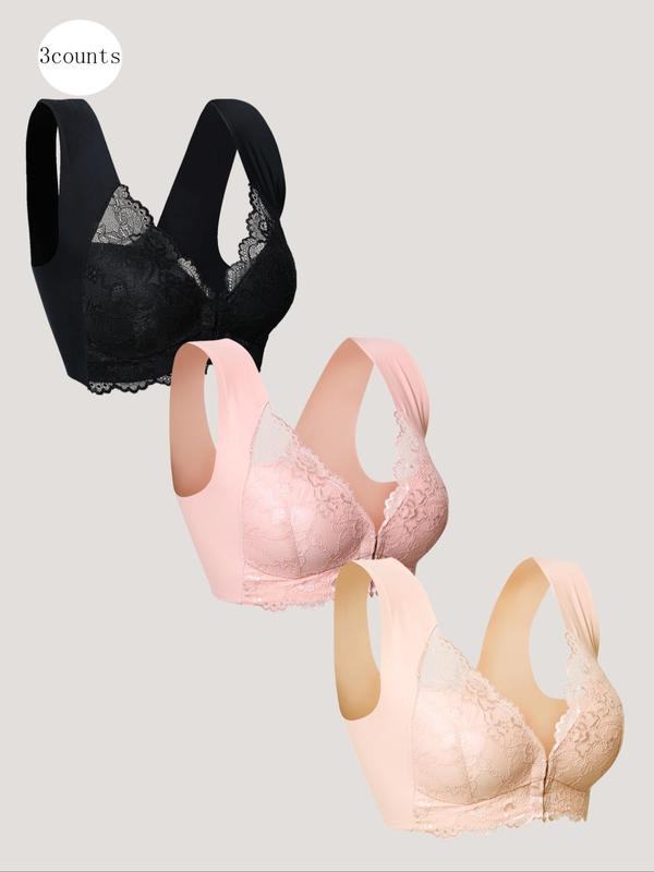 Women's Solid Color Contrast Lace Wireless Bra, Soft Comfy Breathable Push Up Bra, Lingerie for All Seasons
