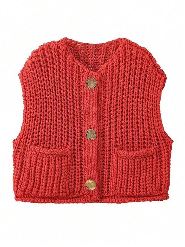 Women's Plain Button Front Pocket Sweater Vest, Casual Sleeveless Round Neck Knitwear for Fall & Winter, Fashion Ladies' Knit Clothing for Daily Wear