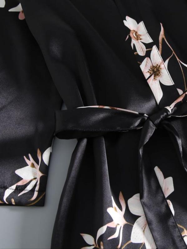 Women's Floral Print Belted Satin Lounge Robe, Casual 3 4 Sleeve V Neck Dressing Gown, Ladies Sleepwear for All Seasons