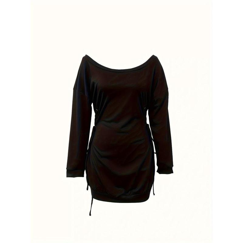 Off-Shoulder Drawstring Mini Dress, Long Sleeve Casual Women's Dress
