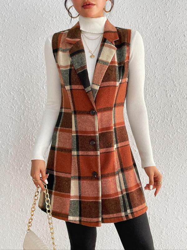 Women's Plaid Print Button Front Lapel Vest Blazer without Sweater, Casual Sleeveless Outerwear for Spring & Fall, Ladies Clothes for Daily Wear