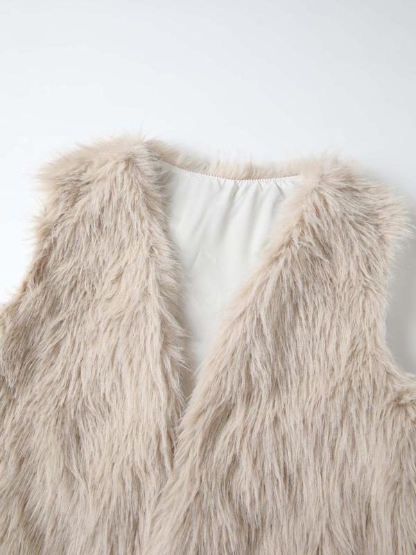 Women's Solid Color Faux Fur Vest Jacket, Elegant Fashion Sleeveless Open Front Outerwear for Daily Outdoor Wear, Women Clothing for Fall & Winter