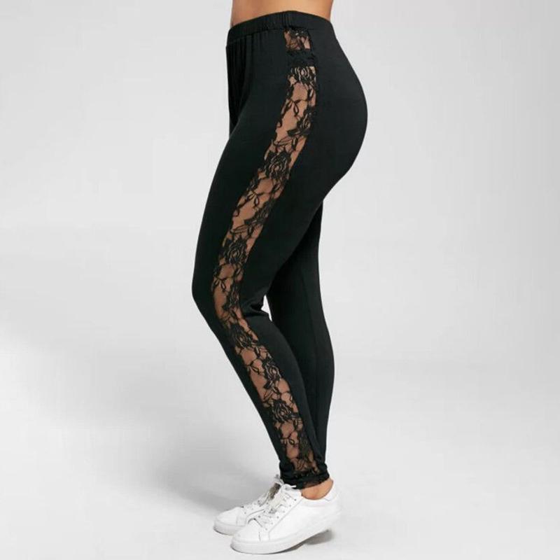 Women Ladies Girls Plus Size Female Holllow Off Lace Leggings, Sexy High Waist Bandage Pants Black Lace Splicing Bottoms for Indoor or Outdoor Sports