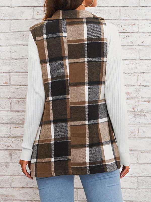 Women's Plaid Print Button Front Vest Blazer, Casual Pocket Lapel Sleeveless Outerwear for Spring & Fall, Ladies Clothes for Daily Wear
